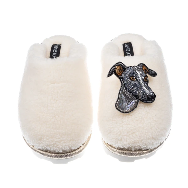 laines london Teddy Closed Toe Slippers With Vinny The Italian Greyhound Brooch