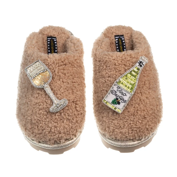 Laines London Teddy Closed Toe Slippers With Vino Darling Brooches