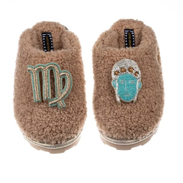 Laines London Teddy Closed Toe Slippers With Virgo Star Sign Brooches