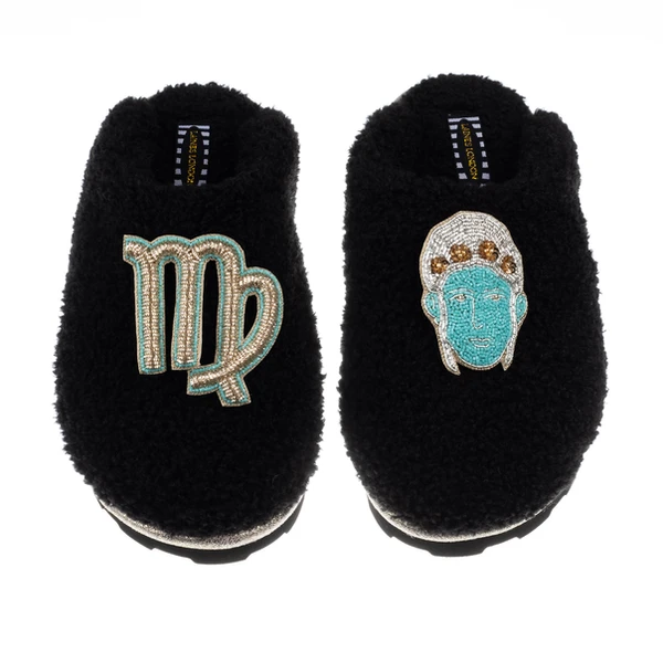 Laines London Teddy Closed Toe Slippers With Virgo Star Sign Brooches