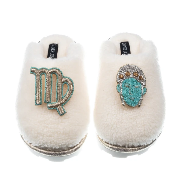laines london Teddy Closed Toe Slippers With Virgo Star Sign Brooches