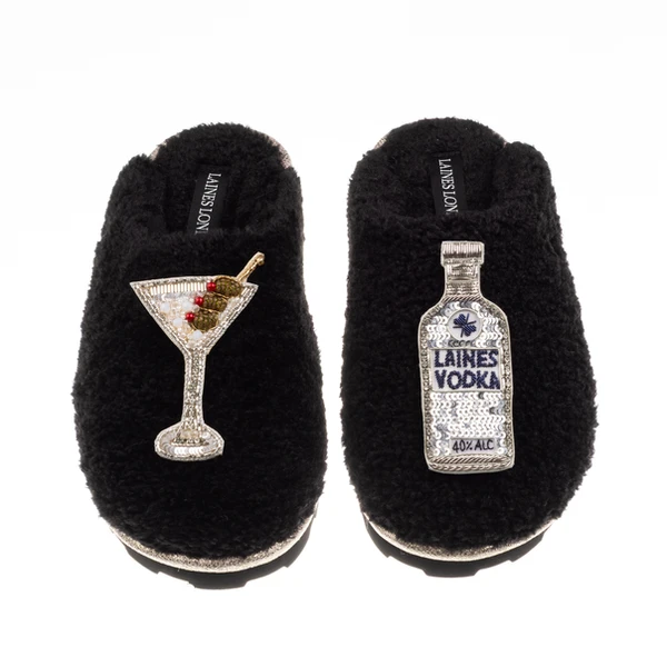 Laines London Teddy Closed Toe Slippers With Vodka Martini Brooches