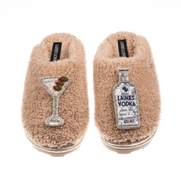Laines London Teddy Closed Toe Slippers With Vodka Martini Brooches