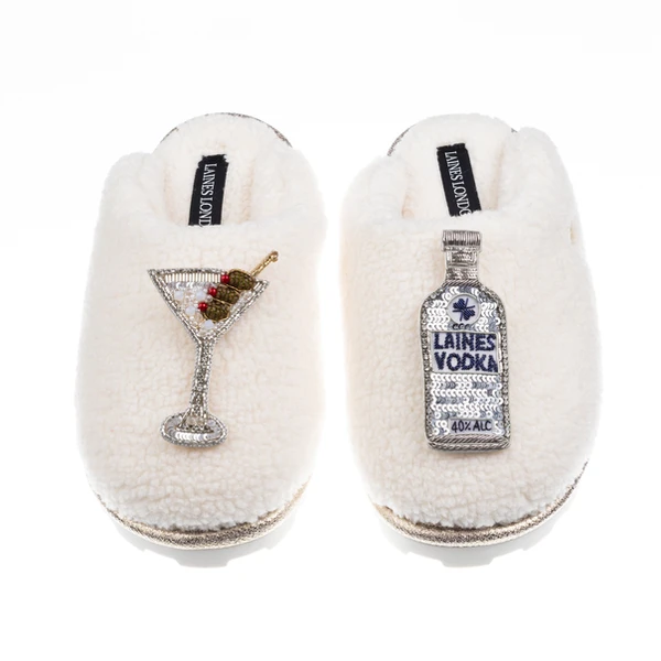 laines london Teddy Closed Toe Slippers With Vodka Martini Brooches