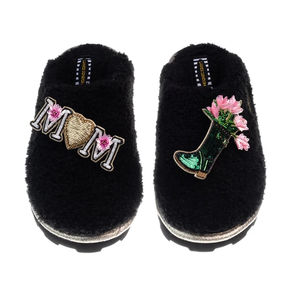 Laines London Teddy Closed Toe Slippers With Wellington Boots & Mum / Mom Brooches