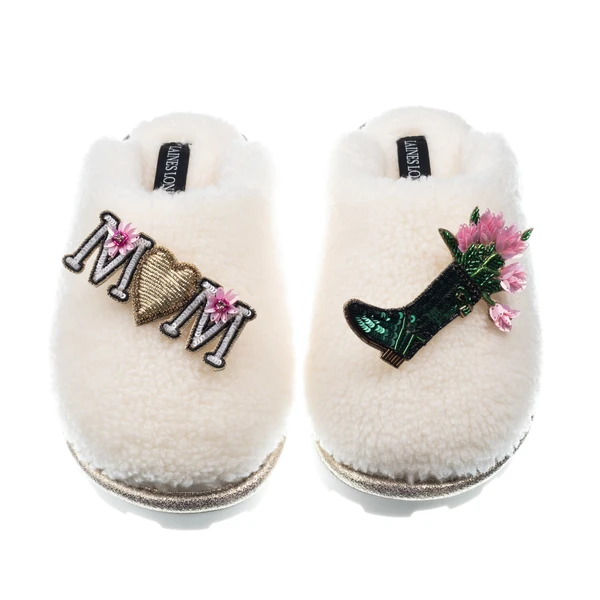 Laines London Teddy Closed Toe Slippers With Wellington Boots & Mum / Mom Brooches