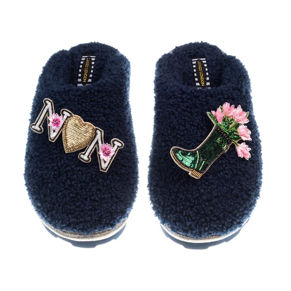 Laines London Teddy Closed Toe Slippers With Wellington Boots & Nan Brooches