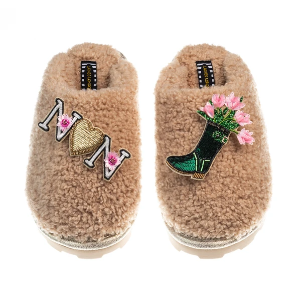 Laines London Teddy Closed Toe Slippers With Wellington Boots & Nan Brooches