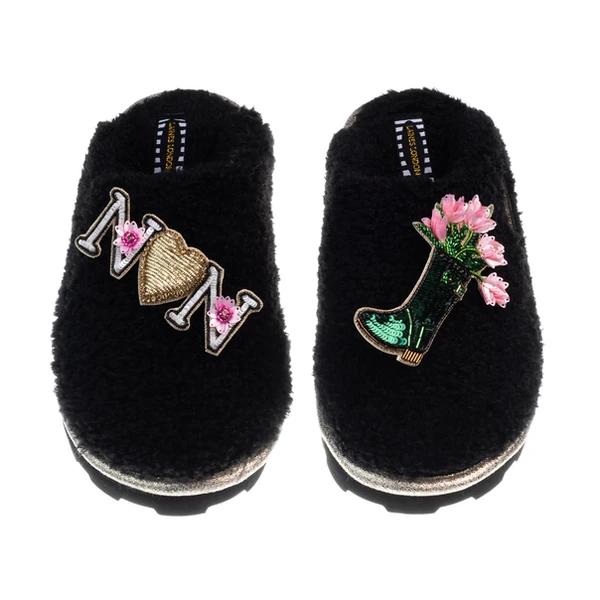 Laines London Teddy Closed Toe Slippers With Wellington Boots & Nan Brooches
