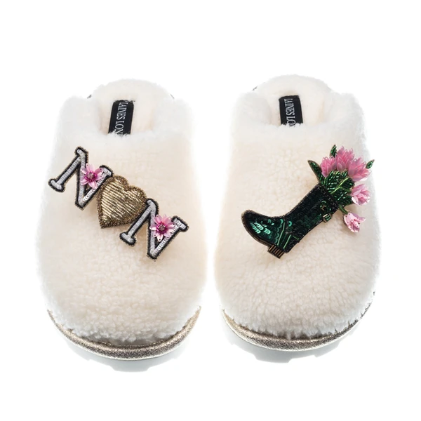 laines london Teddy Closed Toe Slippers With Wellington Boots & Nan Brooches