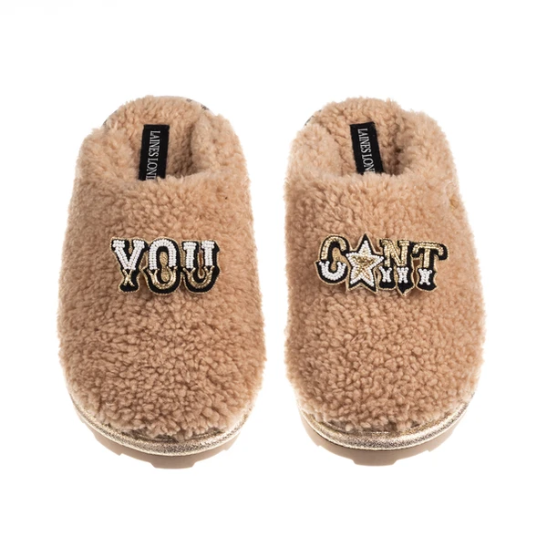 Laines London Teddy Closed Toe Slippers With You C*nt Brooches