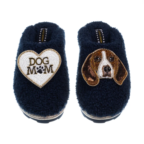 Laines London Teddy Closed Toe Slippers With Ziggy The Beagle & Dog Mum / Mom Brooches