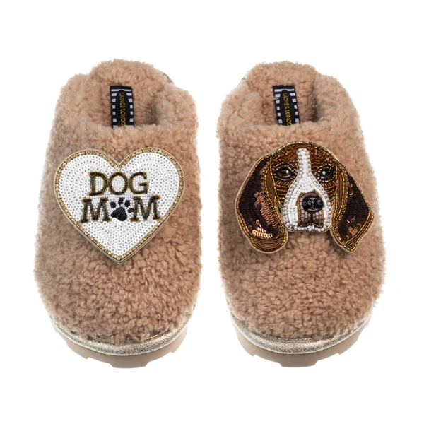 Laines London Teddy Closed Toe Slippers With Ziggy The Beagle & Dog Mum / Mom Brooches