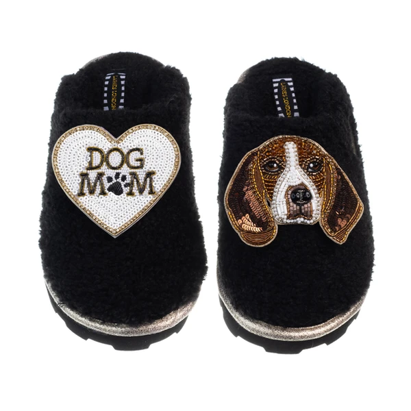 laines london Teddy Closed Toe Slippers With Ziggy The Beagle & Dog Mum / Mom Brooches