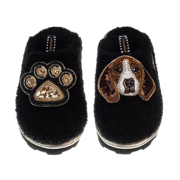 Laines London Teddy Closed Toe Slippers With Ziggy The Beagle & Paw Brooches