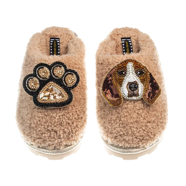 Laines London Teddy Closed Toe Slippers With Ziggy The Beagle & Paw Brooches