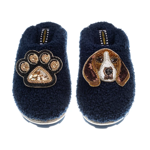 Laines London Teddy Closed Toe Slippers With Ziggy The Beagle & Paw Brooches