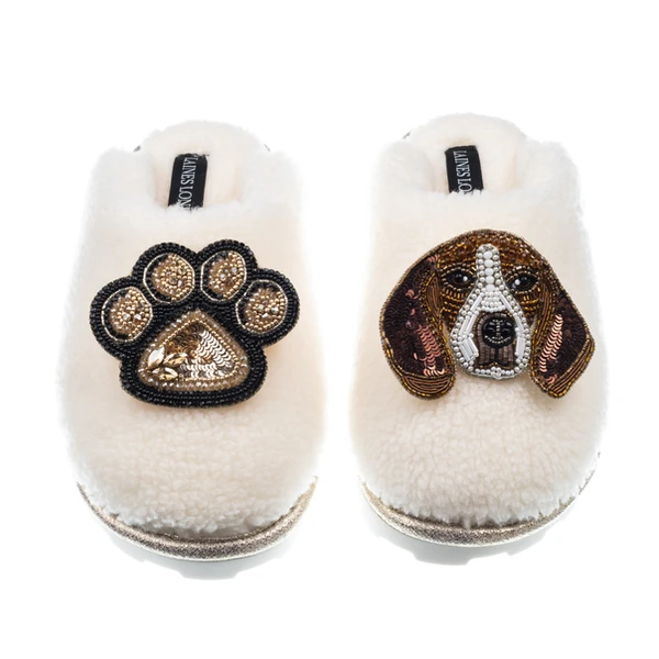 laines london Teddy Closed Toe Slippers With Ziggy The Beagle & Paw Brooches
