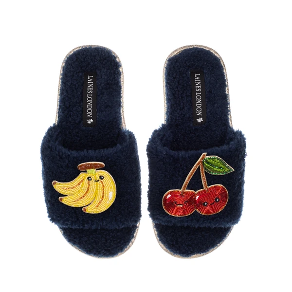 Laines London Teddy Slider Slippers With Laines Lovables Banana & Cherry Brooches
