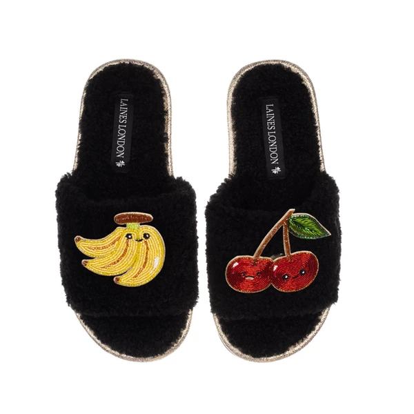 Laines London Teddy Slider Slippers With Laines Lovables Banana & Cherry Brooches