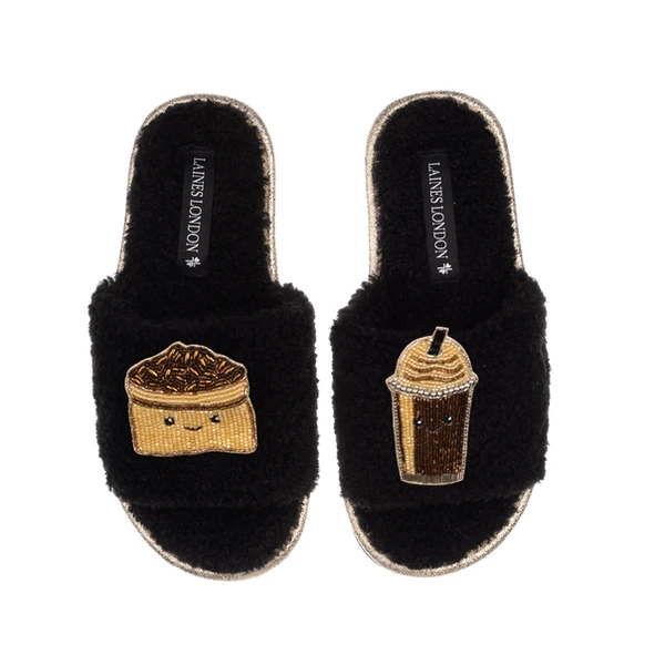 Laines London Teddy Slider Slippers With Laines Lovables Coffee Beans & Frappe Brooches