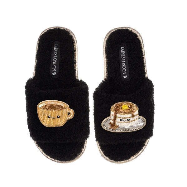Laines London Teddy Slider Slippers With Laines Lovables Coffee & Pancakes Brooches