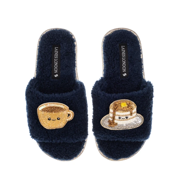 Laines London Teddy Slider Slippers With Laines Lovables Coffee & Pancakes Brooches