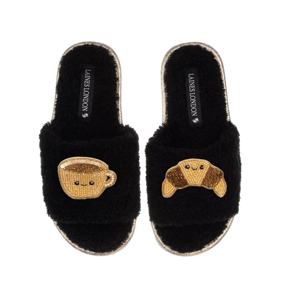 Laines London Teddy Slider Slippers With Laines Lovables Coffee & Croissant Brooches