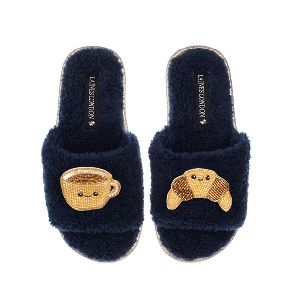 laines london Teddy Slider Slippers With Laines Lovables Coffee & Croissant Brooches
