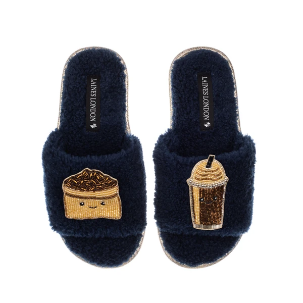 laines london Teddy Slider Slippers With Laines Lovables Coffee Beans & Frappe Brooches