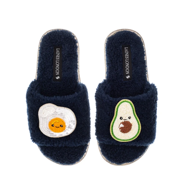Laines London Teddy Slider Slippers With Laines Lovables Egg & Avocado Brooches