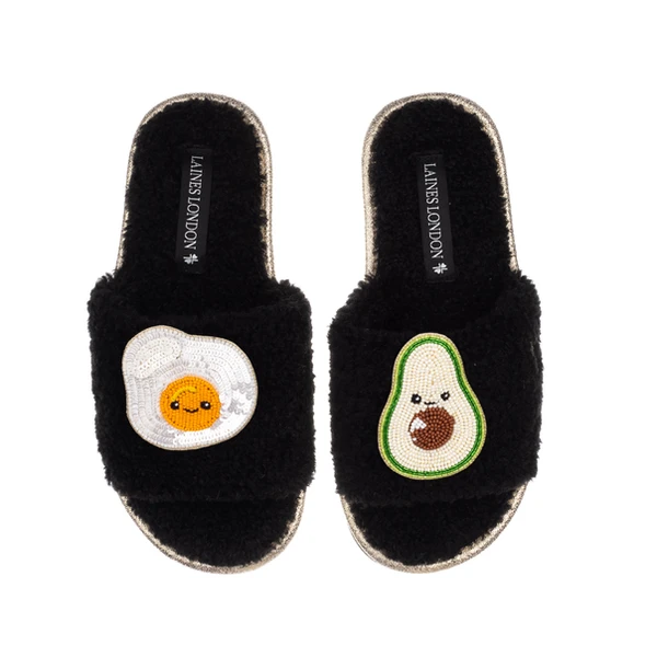 Laines London Teddy Slider Slippers With Laines Lovables Egg & Avocado Brooches