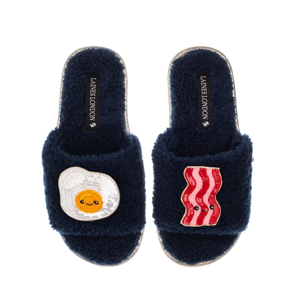 Laines London Teddy Slider Slippers With Laines Lovables Egg & Bacon Brooches