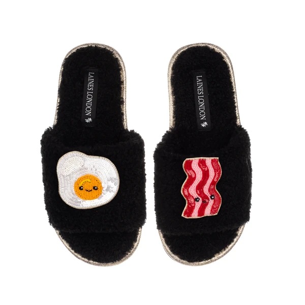Laines London Teddy Slider Slippers With Laines Lovables Egg & Bacon Brooches