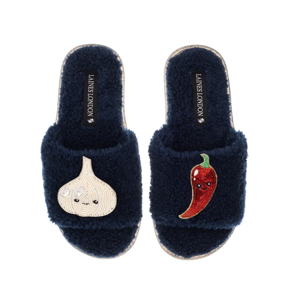 Laines London Teddy Slider Slippers With Laines Lovables Garlic & Chilli Brooches
