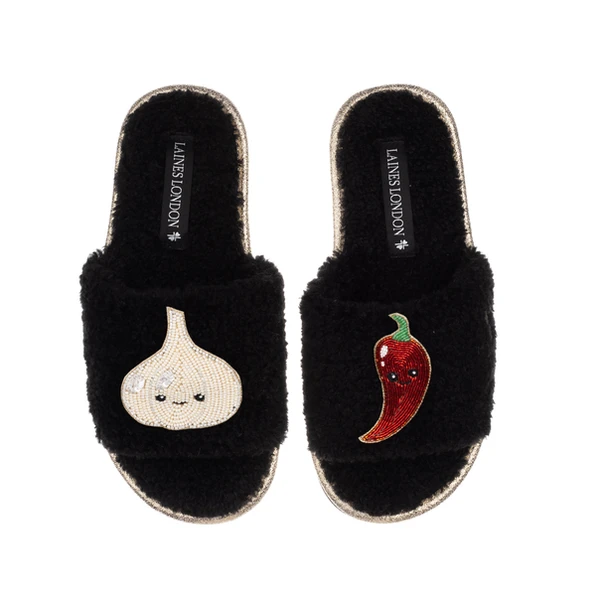 laines london Teddy Slider Slippers With Laines Lovables Garlic & Chilli Brooches