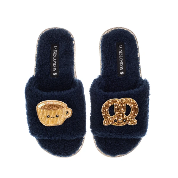 Laines London Teddy Slider Slippers With Laines Lovables Hot Chocolate & Pretzel Brooches
