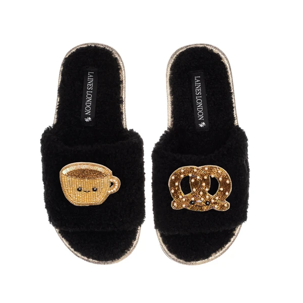 laines london Teddy Slider Slippers With Laines Lovables Hot Chocolate & Pretzel Brooches