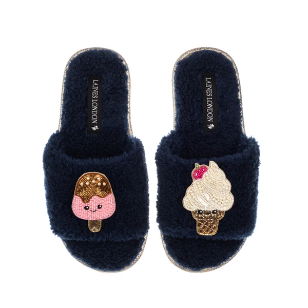 Laines London Teddy Slider Slippers With Laines Lovables Ice Lolly & Ice Cream Brooches