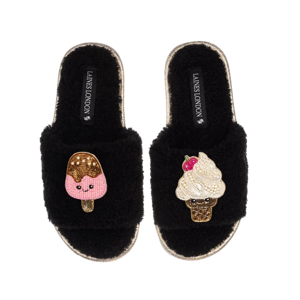 Laines London Teddy Slider Slippers With Laines Lovables Ice Lolly & Ice Cream Brooches