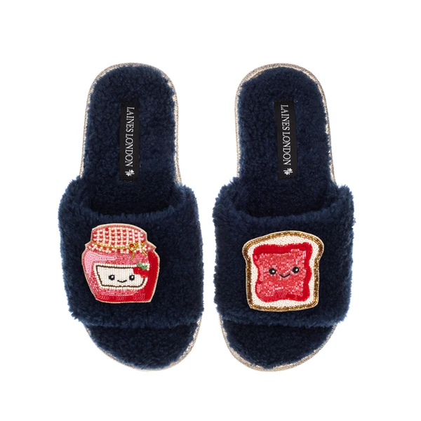 Laines London Teddy Slider Slippers With Laines Lovables Jam & Toast Brooches