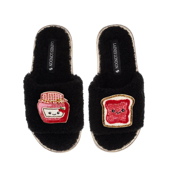Laines London Teddy Slider Slippers With Laines Lovables Jam & Toast Brooches