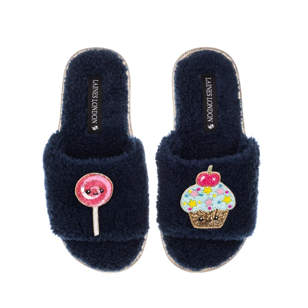Laines London Teddy Slider Slippers With Laines Lovables Lollipop & Cupcake Brooches