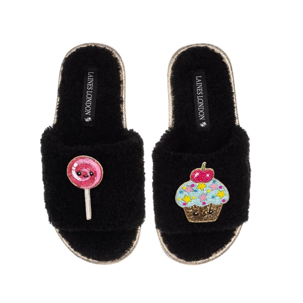 Laines London Teddy Slider Slippers With Laines Lovables Lollipop & Cupcake Brooches