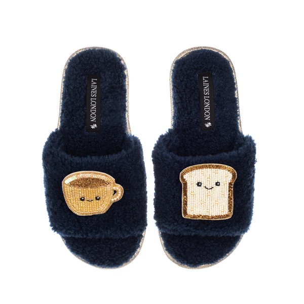 Laines London Teddy Slider Slippers With Laines Lovables Tea & Toast Brooches