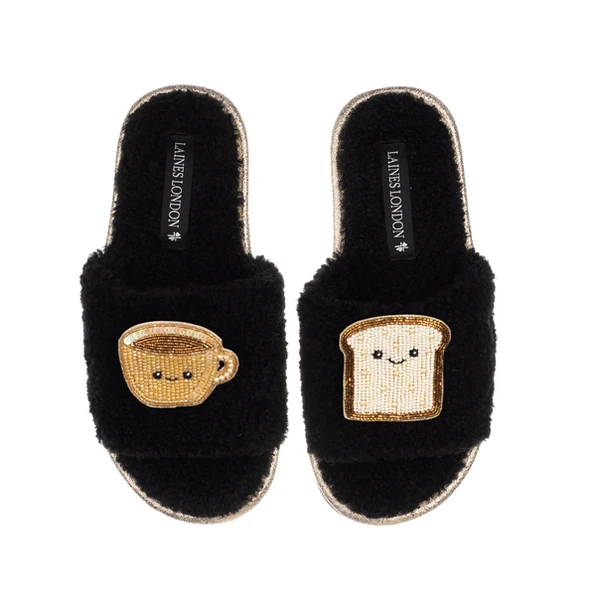 Laines London Teddy Slider Slippers With Laines Lovables Tea & Toast Brooches