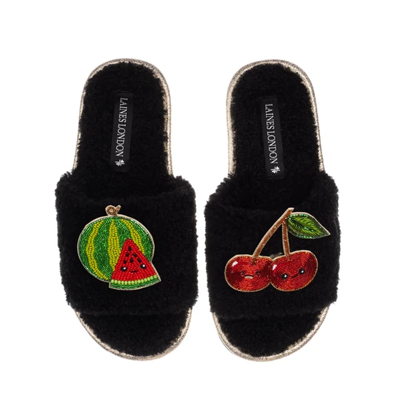 Laines London Teddy Slider Slippers With Laines Lovables Watermelon & Cherry Brooches