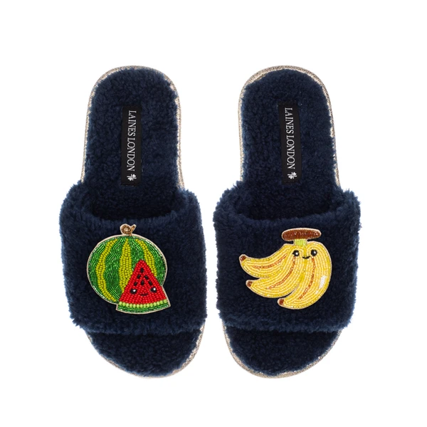 Laines London Teddy Slider Slippers With Laines Lovables Watermelon & Banana Brooches