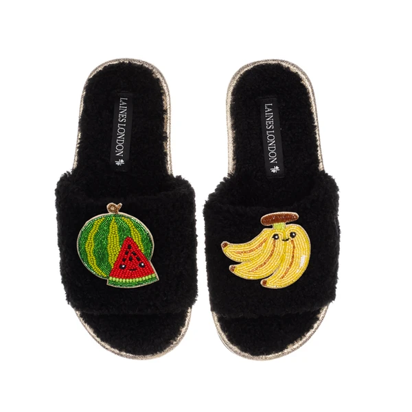 laines london Teddy Slider Slippers With Laines Lovables Watermelon & Banana Brooches