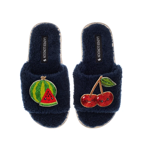 laines london Teddy Slider Slippers With Laines Lovables Watermelon & Cherry Brooches